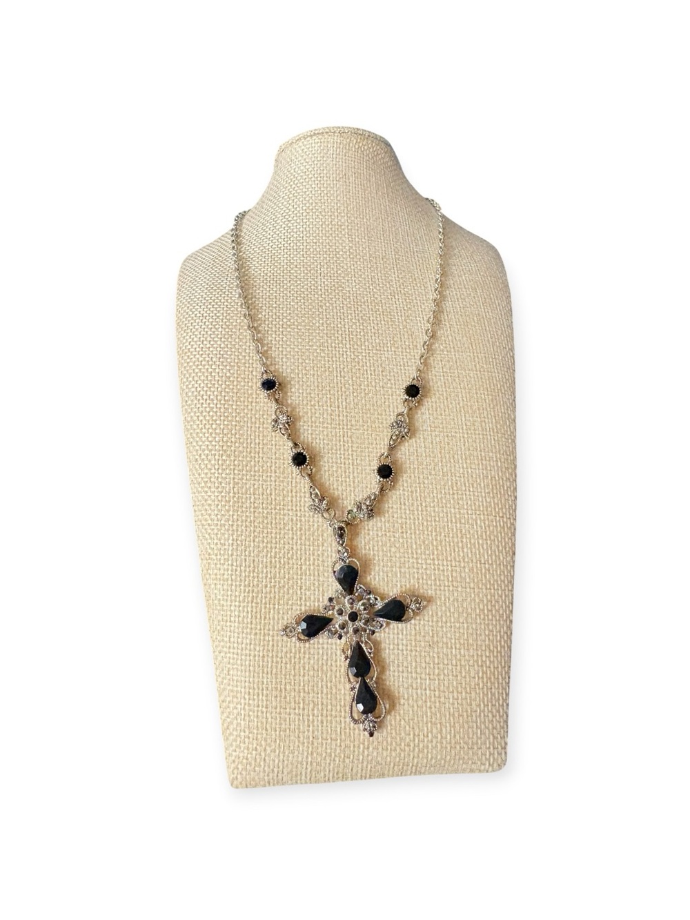 Vintage Style Gothic Silver & Black Stone Cross Statement Necklace